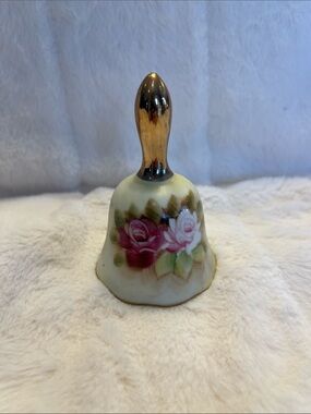 Hand Painted Enesco Floral Porcelain Bell with Gold Tone Handle-Japan